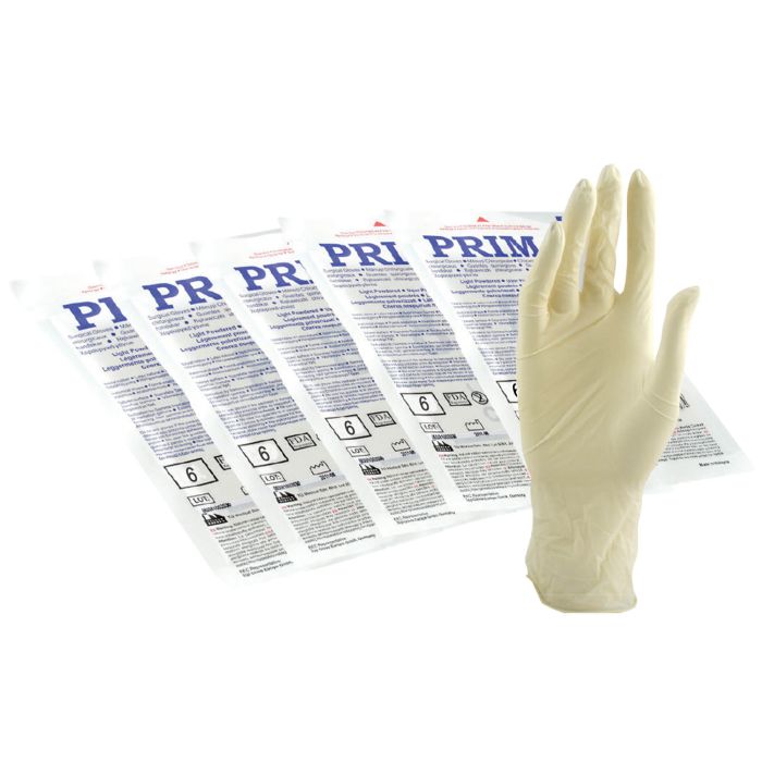 Orvosi gyakorlat/ORVOSI VIZSGÁLATI ÉS MŰTÉTI KESZTYŰK/Fogorvosi Rendelő - PRIMA fehér, steril, latex sebészeti kesztyű, világos púderes, többféle méretben, 1 pár