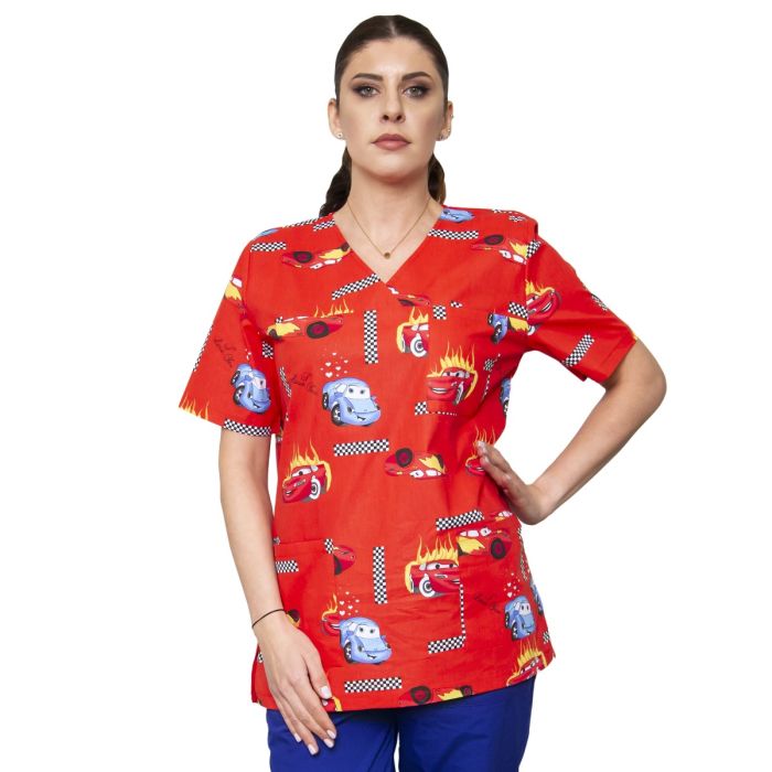 Munkaruhák/PROFESSZIONÁLIS EGYENRUHÁK/Női blúzok és kabátok - VED Print Unisex Scrub, piros autók - Orvosi egyenruha