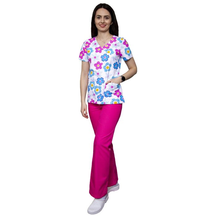 Női blúzok és kabátok/Felszámolás - Bluza dama MIRA Imprimeu flori albastre/roz - Uniforma Medicala
