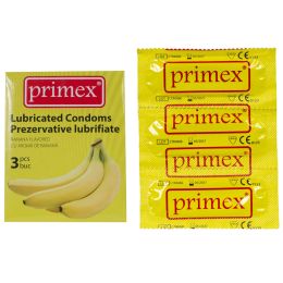Orvosi gyakorlat/NŐGYÓGYÁSZAT/Fogamzásgátlás - Banánízű óvszerek, PRIMEX, latex, 3 darab/csomag
